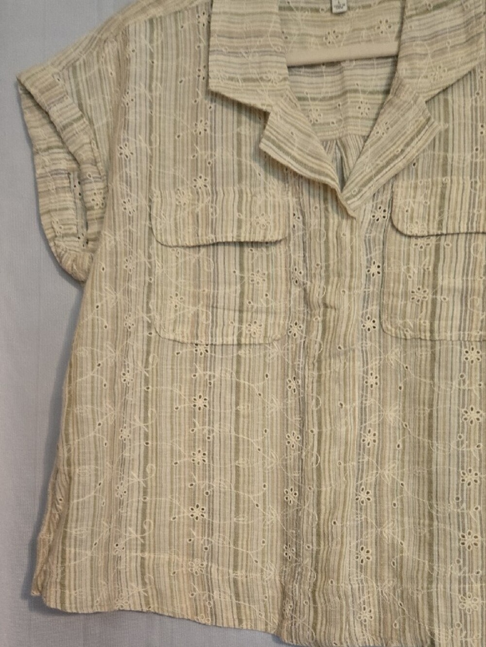 Liverpool Cream Striped Eyelet Short Sleeve Button-Front Shirt Size XLP - Picture 4 of 10